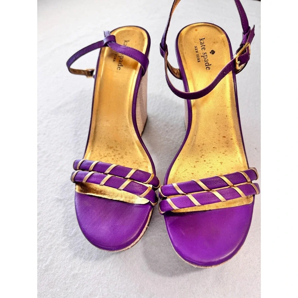 Kate Spade Alice Purple Gold Leather Wedge Espadrille Platform Sandals 8.5 Women